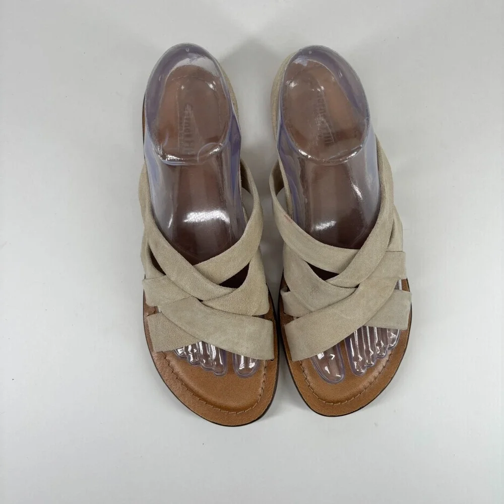 Garnet Hill Malena Crossover Women's 7.5 Beige Suede  Strap Flat Sandals 500467